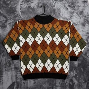 Vintage Clifton Place Argyle Sweater Mens XL Brown Green Mock Neck Knit USA Made